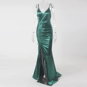 Romagic Emerald Green Drawstring Ruched Floor Length Evening Dress Stretch Satin V Neck Split Mermaid Wedding Party Bridesmaid