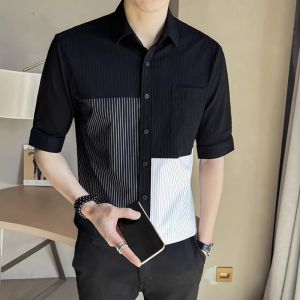 Mens Short Sleeve Shirt Five Inches Middle Sleeve Striped Patchwork Summer 2024 Trendy Brand Standard Fit Casual Shirt