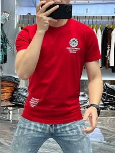 เสื้อยืดคอกลมแขนสั้นผ้าคอตตอนเนื้อเดี่ยวสำหรับผู้ชาย ทรงสลิมฟิต พิมพ์ลายตัวอักษร สีแดง ระบายอากาศได้ดี เสื้อยืดคอกลม