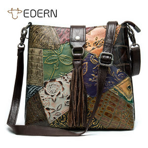 EDERN Genuine Leather Womens Shoulder Bag Retro Ethnic Style Messenger Bag Fashion Patchwork Crossbody Bag Ladies Cowhide Sling Bag Bucket Bag