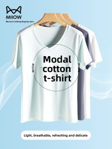 miiow | Cat Lady Modal V-neck Short Sleeve Womens T-shirt Summer Thin Outerwear Inner Match Cool Comfortable Simple Cotton Base T-shirt