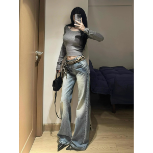 กางเกงยีนส์ทรงขาบานเอวต่ำสำหรับผู้หญิง กางเกงขายาวทรงขาบานสไตล์วินเทจ ทรงหลวม ทรงเข้ารูป กางเกงขายาวทรงขาบาน