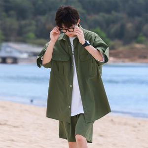 Summer Ice Silk Casual Loose Mens Shirt Short Sleeve Set with Shorts And Jacket Comfortable Breathable Polyester Fiber