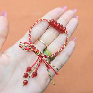 Vòng tay tết handmade ngũ sắc mix chỉ đỏ ngũ điếu Ngọc Agate Đỏ freesize cho mệnh Hoả và Thổ - Phong Thuỷ TUDO