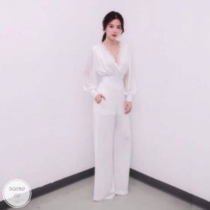 ML030  Jumpsuit ชุดจั้มสูทขายาวทรงหรู แต่งทรงบอลลูนพองๆ ช่วงคอเป็นทรงคอวีแต่งลูกไม้เพิ่มความโดดเด่น งานผ้าชีฟองมีซับใน ซิปหลัง