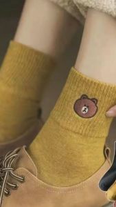 Set 5 đôi tất cổ cao họa tiết gấu nâu Vintage phong cách Hàn siêu hot