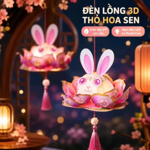Lồng Đèn Trung Thu Thỏ Ngồi Hoa Sen – Bộ Kit Tự Làm Có Đèn LED Thanh Treo Tua Rua Cho Bé