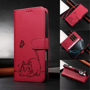Magnetic Leather Wallet Case for iPhone 16e 16 15 14 13 12 11 Plus Pro X XS Max | Cat & Butterfly Embossed Design | Premium Case