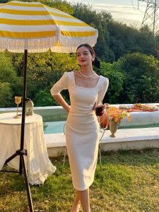 ฝรั่งเศส ปกเสื้อ แขนฟอง สีขาว เดรส งานแต่งงาน เดรส หมั้น เดรส ลำลอง เดรส สีขาว เดรส สุภาพสตรี เดรส