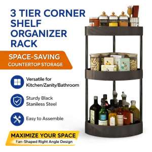 Corner Shelf Organizer 2/3 Tier Right Angle Countertop Storage Rack Iron Kitchen Bathroom Vanity Spice Holder Black
