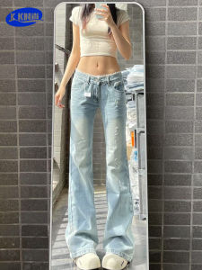 Low Waist Bell Bottom Denim Jeans Womens American Lace Trim Splicing Slimming Long Pants Casual Style Wear Resistant