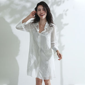 Miccbeirn | 100% Silk Georgette Embroidered Shiny Sequins Shirt Dress Mulberry Silk Artistic Slimming Two-Piece Set Commute Style Loose Waist