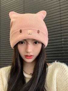 หมวกถักหลังคลอด ขนสัตว์ หมวก ฤดูหนาว อุ่น หมวกกระชับหน้า ผู้หญิง แฟชั่น หวาน สไตล์ หมวกทรงกลมไม่พับได้ ไม่มีที่ปิดหู