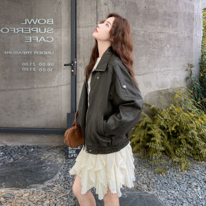 Fashionable Retro Biker Jacket Womens Tea Green Hong Kong Style PU Leather Coat Cool Sweet Style Motorcycle Clothes
