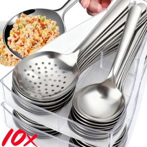 ช้อนซุปสแตนเลสหนา1/10ชิ้นช้อนใช้ในบ้านด้ามยาวช้อนช้อนมีรูตักสลัดทำอาหารอุปกรณ์ครัวบนโต๊ะอาหาร