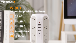 TESSAN 2 Prong to 3 Prong Power Strip Tower Extension Lead USB Type C 2 Meter With Individual Switch Surge Protection Heavy Duty