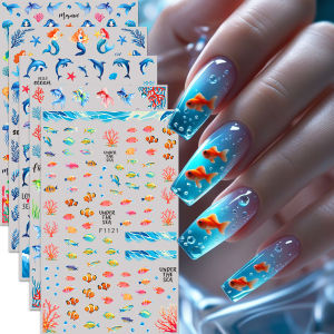 Bộ 5 Miếng Dán Trang Trí Móng Tay Chủ Đề Đại Dương Mùa Hè Với Thiết Kế Sứa Cá Vàng & Nàng Tiên Cá Dễ Dán Tự Làm Quà Tặng