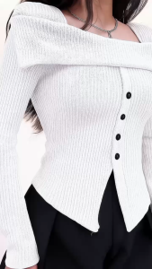 sabrina top kancing elegan atasan polos knite rib panjang