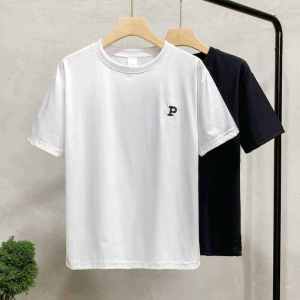 Pure Cotton Casual Minimalist Letter P Small Embroider T-shirt Mens and Womens Tops Easiest for Match Loose round Neck Drop Shoulder Short Sleeve Bottoming Shirt