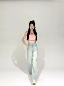 F·MIGA C56 Korean High Waist Straight Bagy Wanita Jeans - Biru