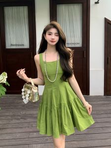 DENGLIULIU | French Retro Matcha Green Body-Shaping Summer Dress