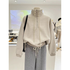 Womens Stand Collar Hoodie Half Zip Thin Long Sleeve Spring Autumn Loose Korean Style Fashionable Outerwear Casual Streetwear