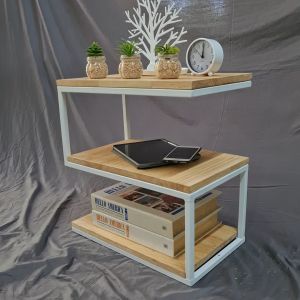 👍 คุ้มที่สุด ! โต๊ะข้างเตียง แบบตัว S 50x30x50 cm งานไม้แท้ 100% เคลือบ PU ขาเหล็ก สีขาว ไม้สีใส