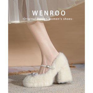 เรียบหรู รองเท้าส้นสูง Mary Jane ขนยาวพื้นหนาและ ผ้าขนแกะ สําหรับผู้หญิง ฤดูใบไม้ร่วง ฤดูหนาว รองเท้าเดี่ยวส้นหนาปมผีเสื้อเพชร