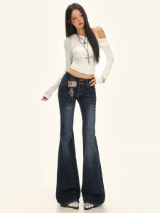 American Style Retro Low Waist Bell Bottom Jeans Womens Spicy Girl Slimming Versatile Floor Length Pants Casual Wear