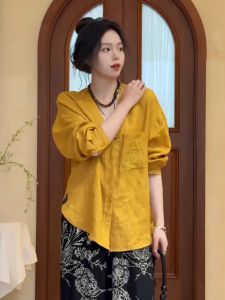 French Yellow V-neck Long Sleeve Womens Shirt Spring Fashionable Ladies Blouse Top Quality Material Pure Color Elegant