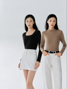 THREEGUN | Slimming Square Collar Cotton and Spandex Blend T-shirt