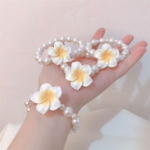 Tooyoo Sweet Imitation Pearl Flower Hair Rope For Women Cute Plumeria Hair Tie Bracelet Hawaiian Seaside Holiday Party Hair Accessories