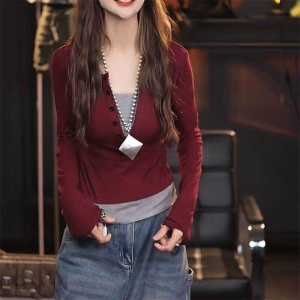 Early Autumn Thin Type Half-Open Collar Button Base Fake Two-Piece Long Sleeves T-shirt Waist-Tight Slim Looking Shoulder Wine Red Bottoming Shirt