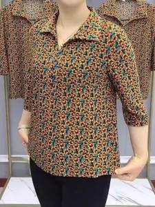 Middle-aged and Elderly Womens Spring and Summer New Printed Pullover Three-quarter Sleeve Top Fashionable Stylish Cover-up Turn-down Collar Blouse