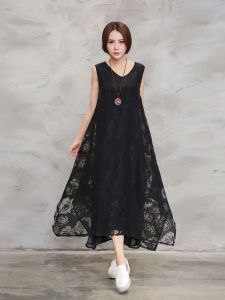 Ethnic Style plus Size V-Neck Sleeveless Vest Dress Women Summer Fat Sister Lace Long Skirt Cut Flower Fairy Dress