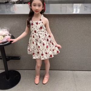 WANDER ชุดอนุบาลหญิง ชุดเจ้าหญิงเด็ก การออกแบบที่สะดวกสบาย  สาวฤดูร้อนผ้าฝ้ายกุหลาบลำลองเปิดกระโปรงแขวนคอ