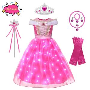 Bé Gái Aurora Công Chúa Bóng Trang Phục Đèn LED Đầm Lệch Vai Cosplay Áo Choàng Giữa Bắp Chân Chữ A Trẻ Em Lạ Mắt Đầm Dự Tiệc 4-6 Tuổi