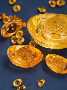 金元宝 龙纹元宝 5cm 风水摆件 开光 聚宝盆 百福铜缸 Glass Yuanbao Ornaments 風水擺件 招财摆件 財神爺 開光水晶 黃金万兩 元宝 開運 招財 納福 Fengshui Items 五帝钱