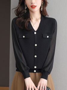 Extra Large Spring Clothing Womens plus Size V-Neck Knitted Ice Silk Base Layer Chiffon Shirt Hide Belly Look Slimming