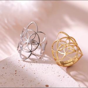 SKYRIM Womens Titanium Stainless Steel Ring Hollow Six Petal Flower Opening Adjustable Ring Couple Jewelry for friends