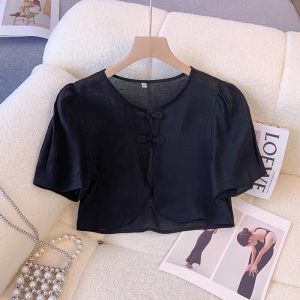 Áo Len Cardigan Tay Ngắn Kiểu Trung Quốc Mới 2024 Áo Khoác Ngoài Mùa Hè Áo Sơ Mi Hở Dây Đeo Váy Áo Choàng Dài Tay Dài Cổ Tròn