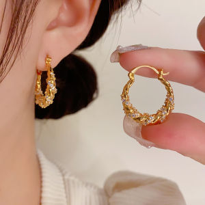 Gold Color U Shaped Hoop Earrings With Shiny Zircon Fashion Girls Women Ear Accessories Gift