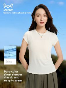 MiiOW | Ladies Wool Lyocell T-Shirt Round Neck Short Sleeve Casual Base Layer Cat Person Summer New Style Moisture Wicking Slim Fit