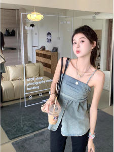 Summer Outdoor Womens Short Denim Strap Vest Trendy Slimming Spicy Girl Top Commute Style Cotton Blend Solid Color