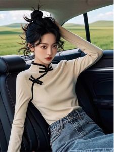 WANGGONGZHU | Elegant Stand Collar Chinese Style Base Shirt Womens Autumn Winter Inner Wear Beautiful Knitted Long Sleeve Straight Cut Top