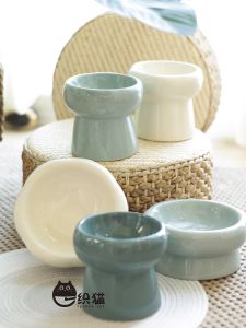 ชามแมวเซรามิกขาตั้งสูงสไตล์ญี่ปุ่นพอร์ซเลนหนา ศิลปะ ดีไซน์ ชามใส่อาหารป้องกันการพลิกสําหรับแมว