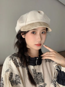 หมวกเบเรี่ยมทรงเมฆสไตล์เกาหลีสำหรับผู้หญิง ฤดูใบไม้ร่วง/ฤดูหนาว สไตล์อังกฤษย้อนยุค หมวกทรงแปดเหลี่ยมขนาดเล็ก พื้นผิวหนัง ทรงปากเป็ด