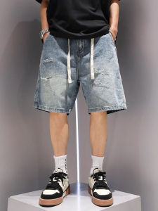 Trendy Ripped Elastic Waist Jeans Shorts Summer Thin Mens Handsome Five-Quarter Casual Loose Straight Tube Wear-resistant