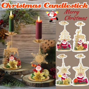 【On Sale】Christmas Santa Claus Snowflake Star Tree Elk Golden Candlestick Candle Holder For Xmas Table Decoration