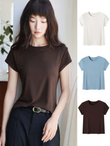Coffee Ice Silk Quick Dry Short Sleeve Womens T-shirt Summer New Style round Neck Slimming Drape Breathable Sport Top